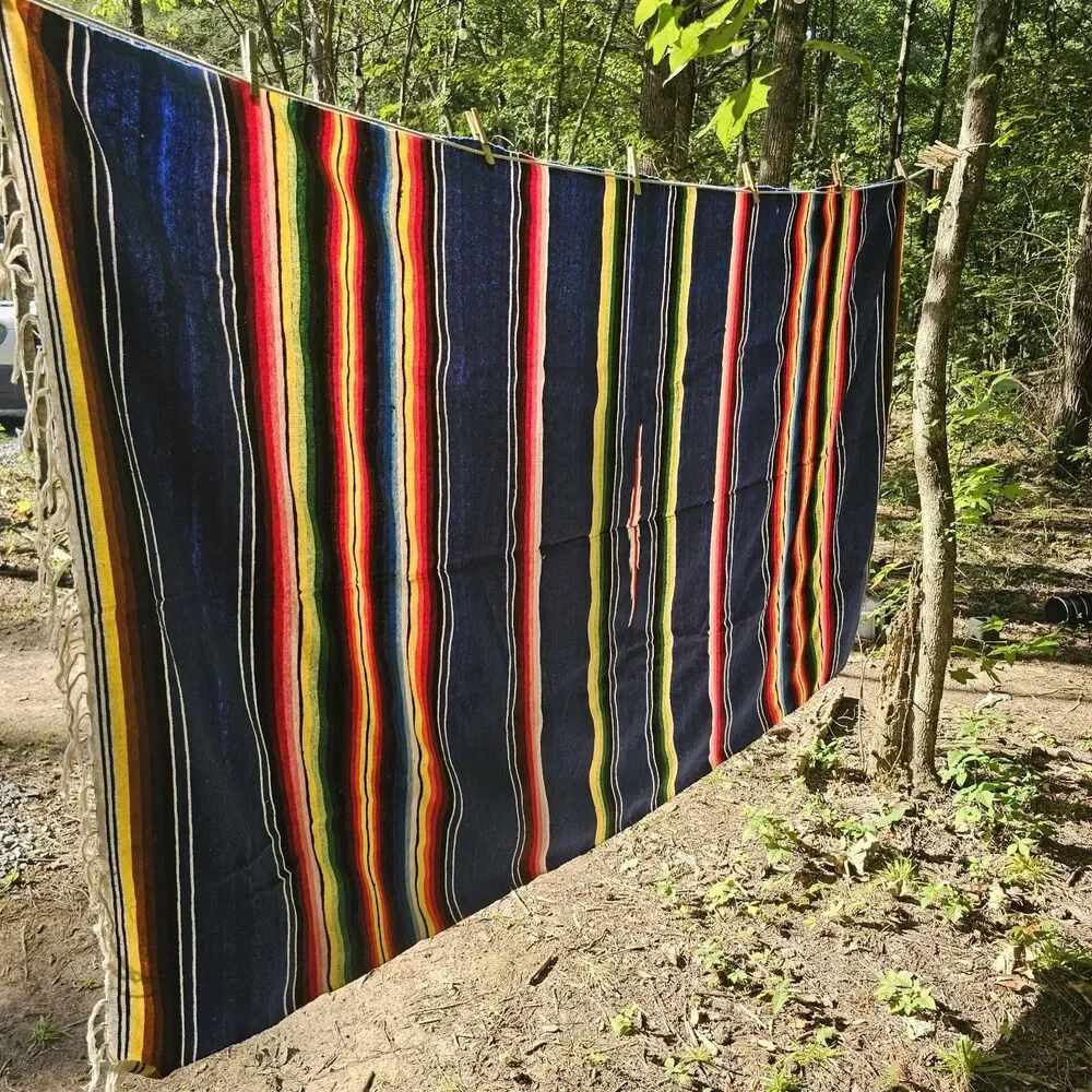 Vintage Handmade Mexican Serape Wool Blanket – Blue Multicolor Stripes, 45x80
